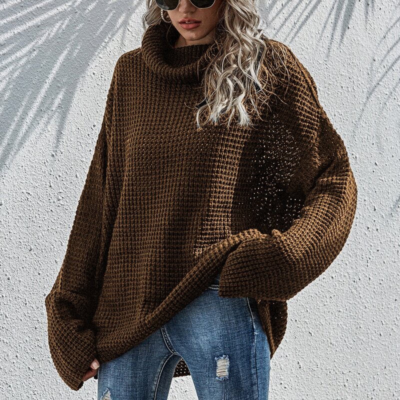

Turtleneck Drop Shoulder Waffle Knit Sweater, Coffee brown