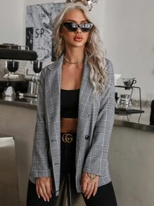 Tweed Double-breasted Houndstooth Blazer - Grey - View 5