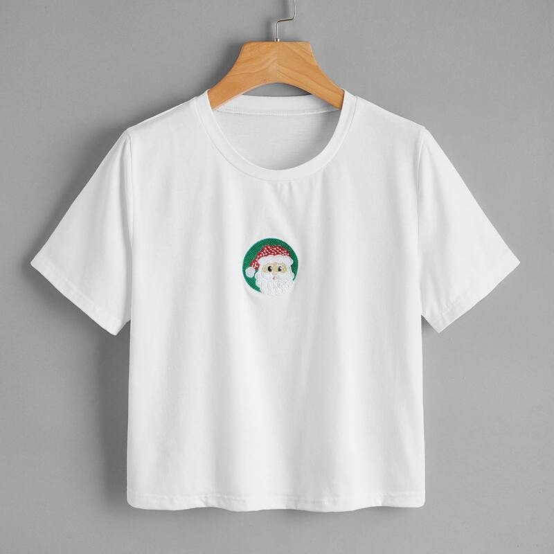 

Christmas Santa Claus Embroidery Tee, White