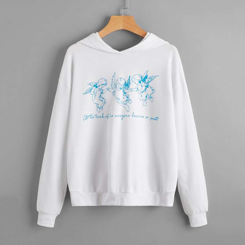 

Angel Print Drop Shoulder Hoodie, White