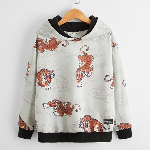 

Boys Tiger Print Patched Detail Hoodie, Light grey