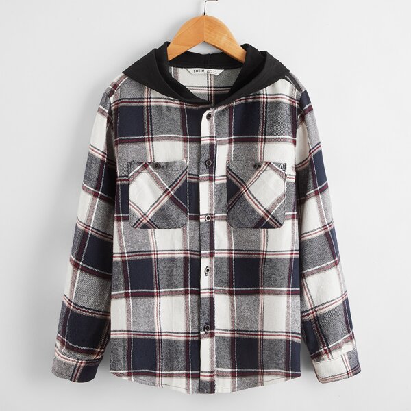 

Boys Patch Pocket Contrast Hooded Plaid Shirt, Multicolor