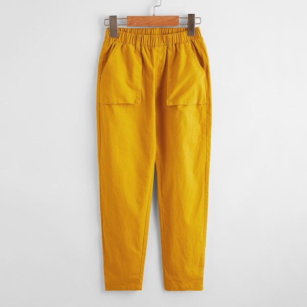 

Boys Elastic Waist Patch Pocket Solid Pants, Mustard yellow