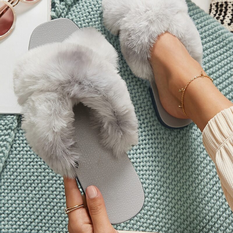 

Fake Fur Multicolored Square Toe Slippers, Light grey