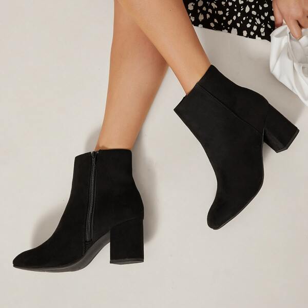 

Vegan Suede Square Toe Block Heel Boots, Black