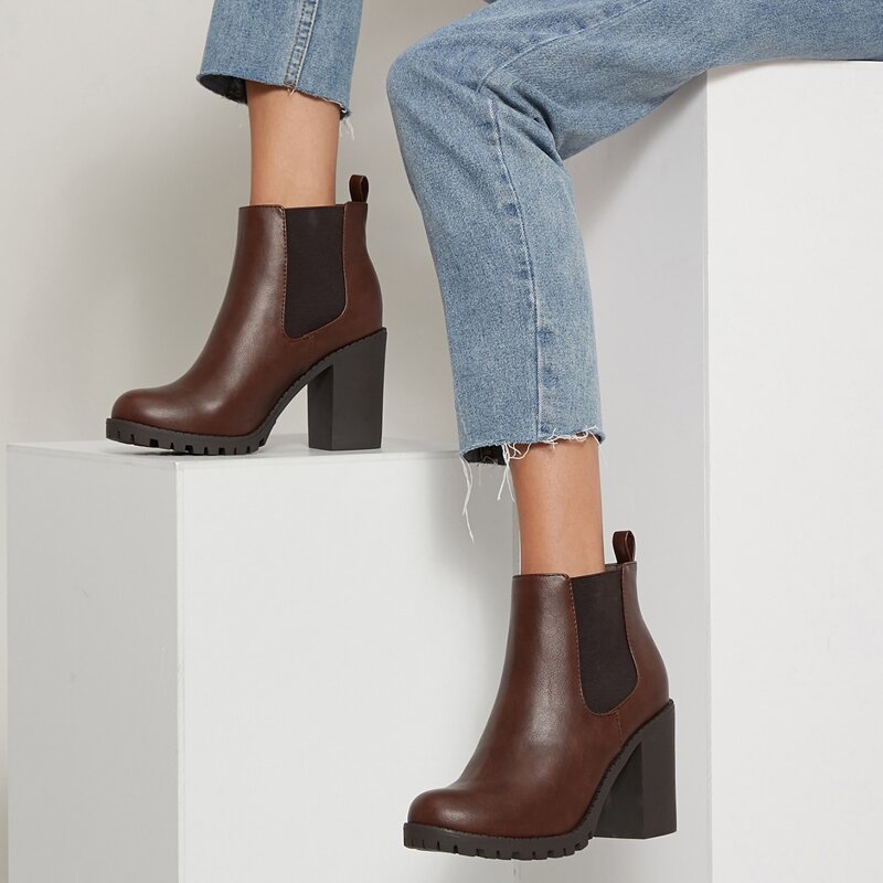 

Faux Leather High Block Heel Chelsea Boots, Brown