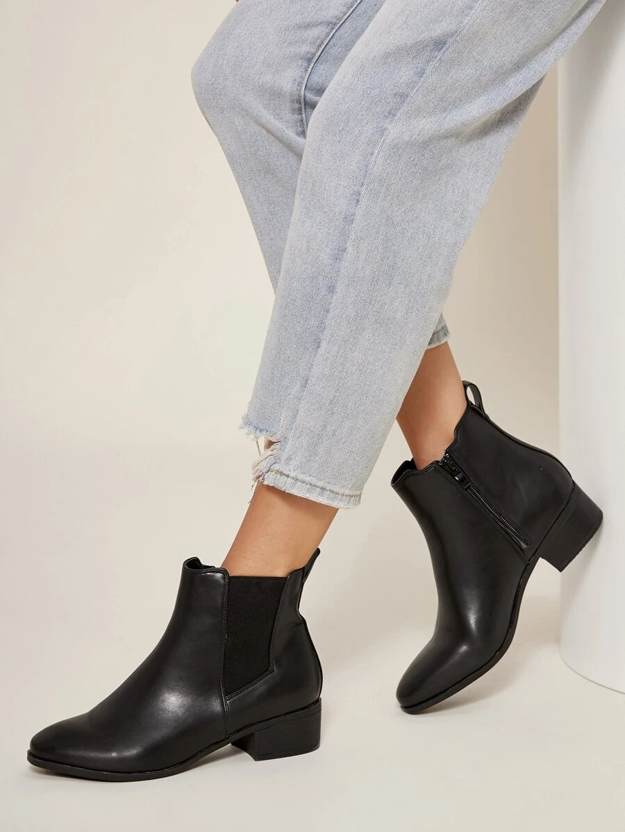 Vegan Leather Low Heel Chelsea Boots - Black - View 1