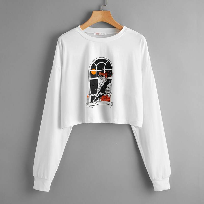 

Halloween Skull Graphic Crop Boxy Tee, White