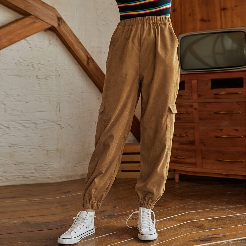 

Solid Corduroy Cargo Joggers, Brown