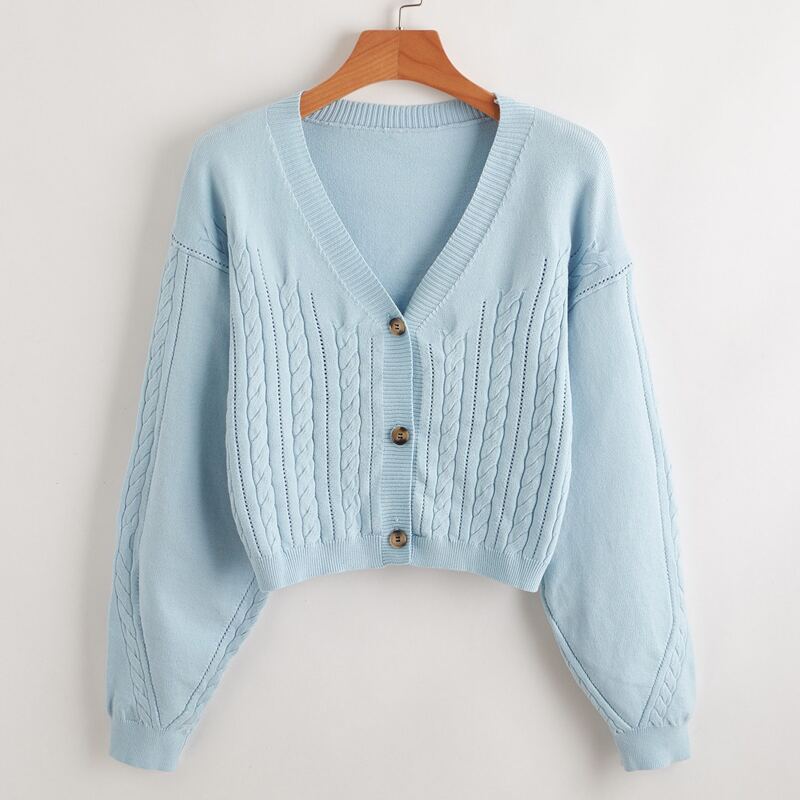 

Cable Knit Lantern Sleeve Cardigan, Baby blue