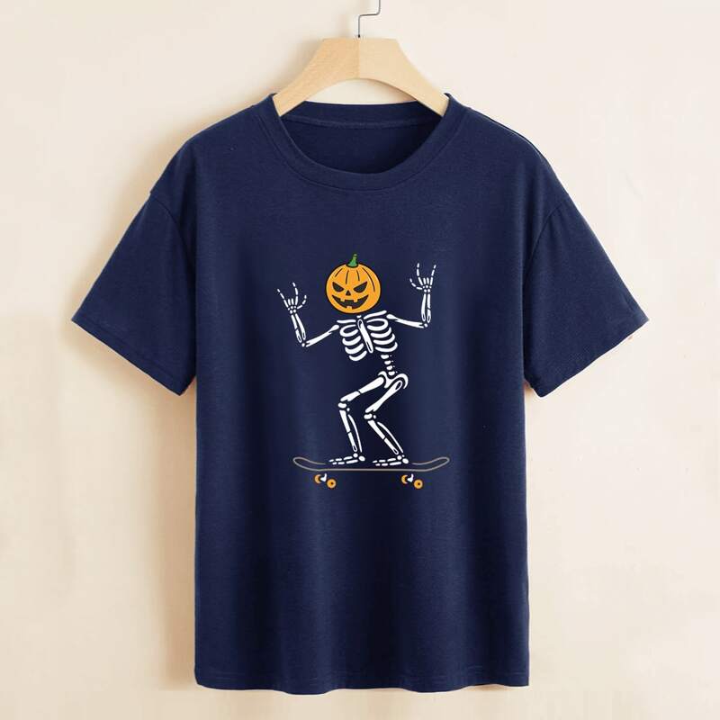 

Halloween Skeleton & Pumpkin Graphic Tee, Navy blue