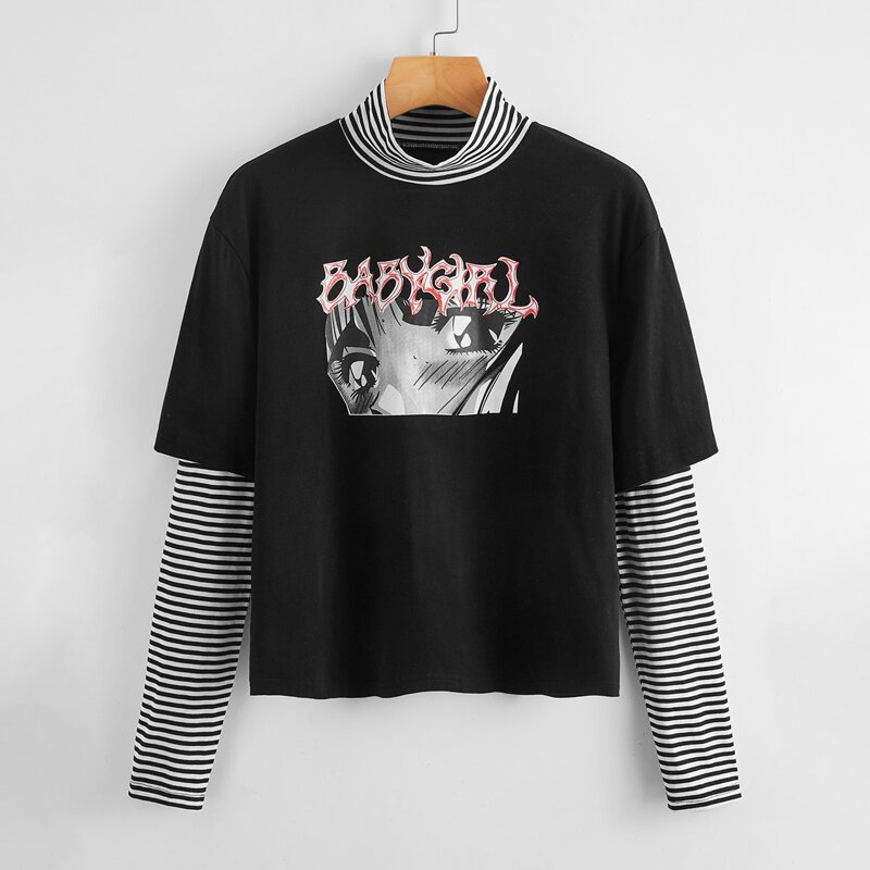 

Striped Sleeve 2 In 1 Graphic Tee, Black
