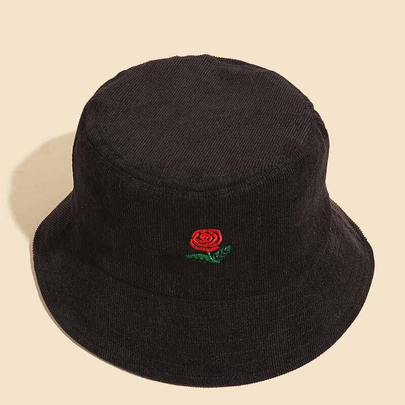 

Rose Embroidery Bucket Hat, Black