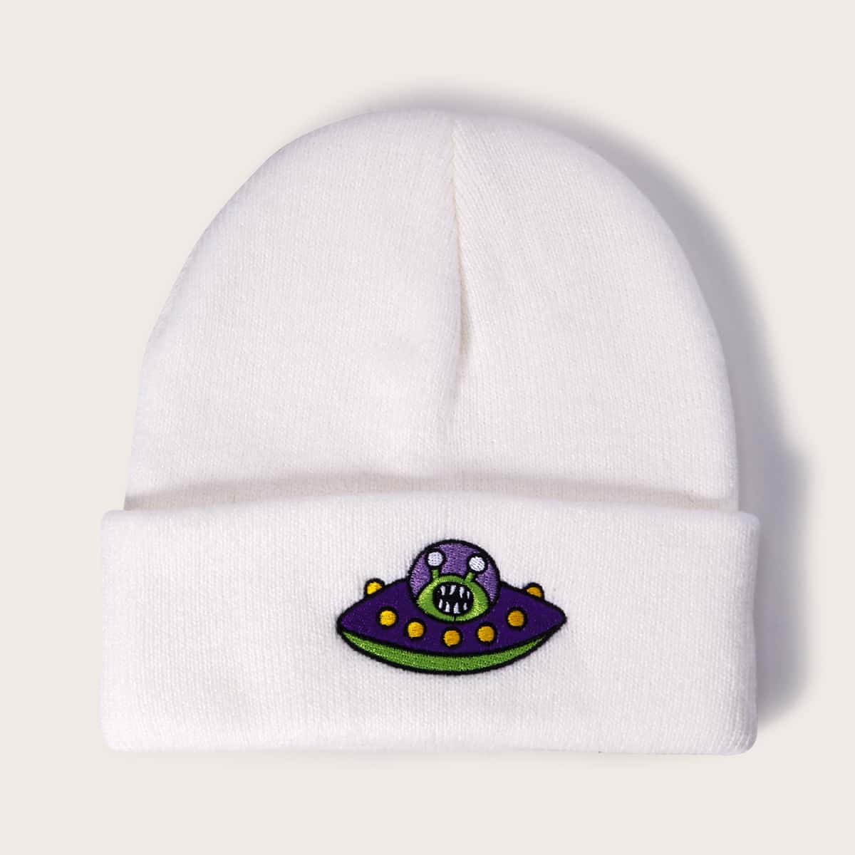 

Cartoon Embroidery Beanie, White