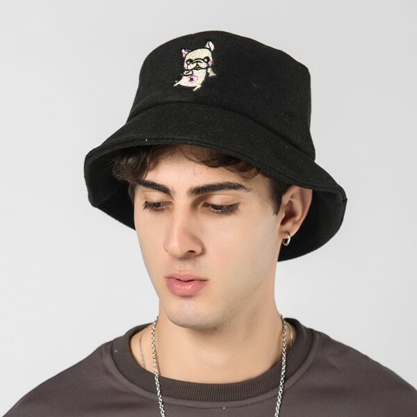 

Men Dog Embroidery Bucket Hat, Black