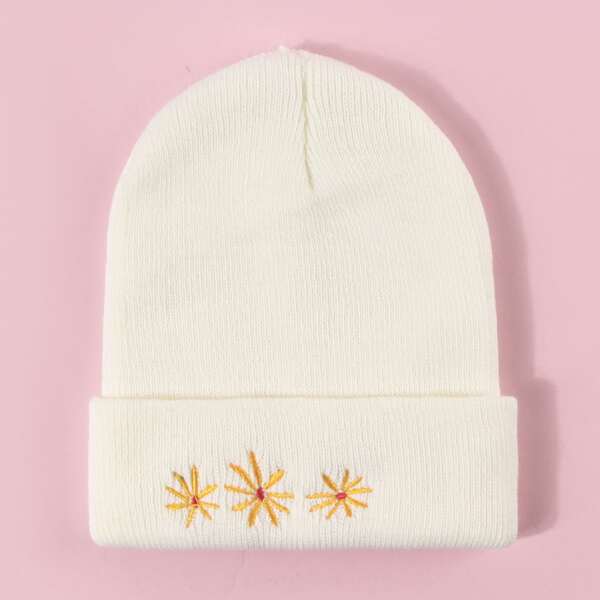 

Flower Embroidery Beanie, White