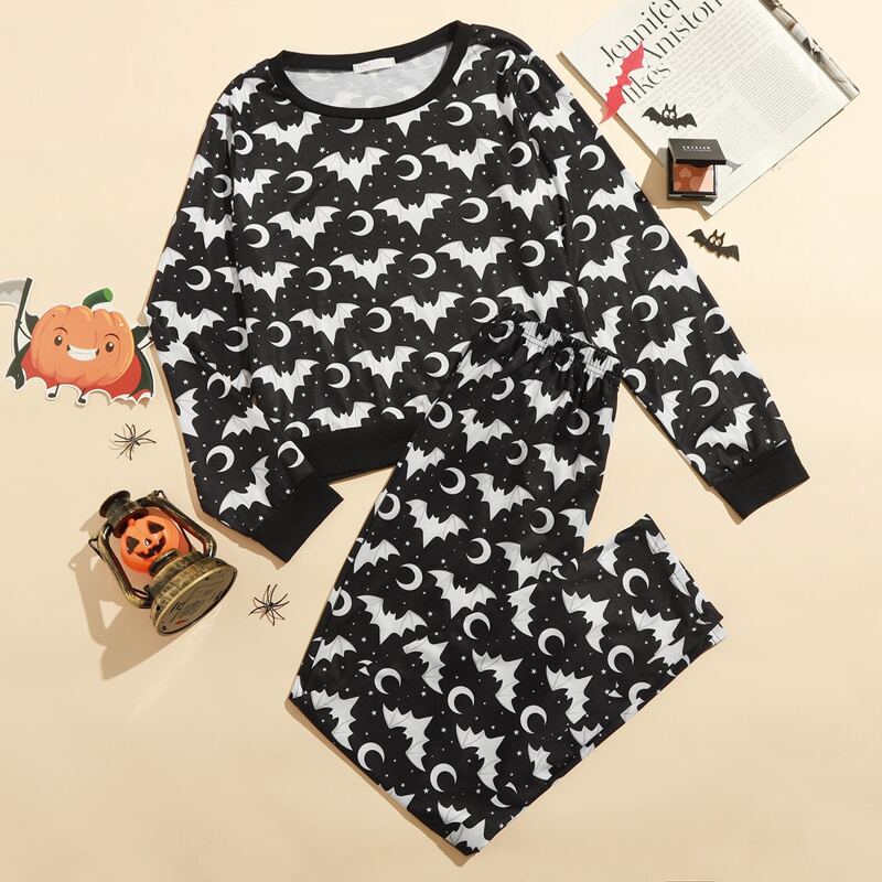 

Bat & Moon Print PJ Set, Black and white