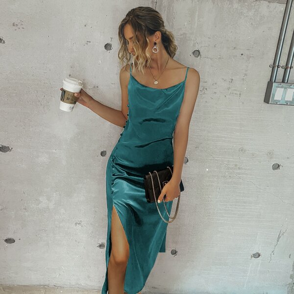 

Satin Split High Cami Dress, Teal blue