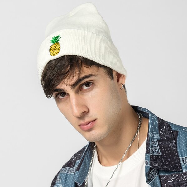 

Men Pineapple Embroidery Beanie, White