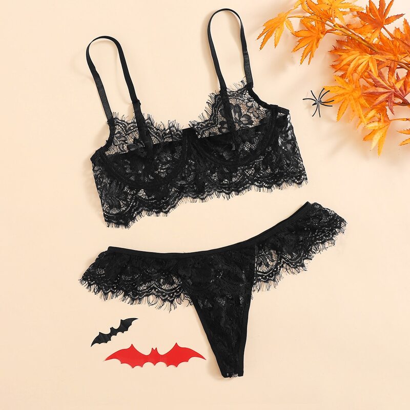 

Eyelash Floral Lace Thong Lingerie Set, Black