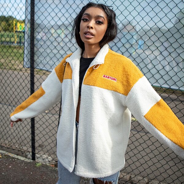 

Embroidery Letter Colorblock Teddy Coat, Multicolor