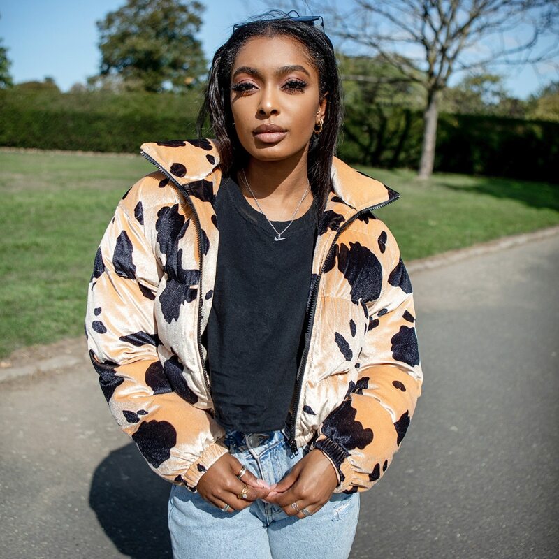 

Cow Pattern Velvet Zipper Placket Puffer Jacket, Champagne