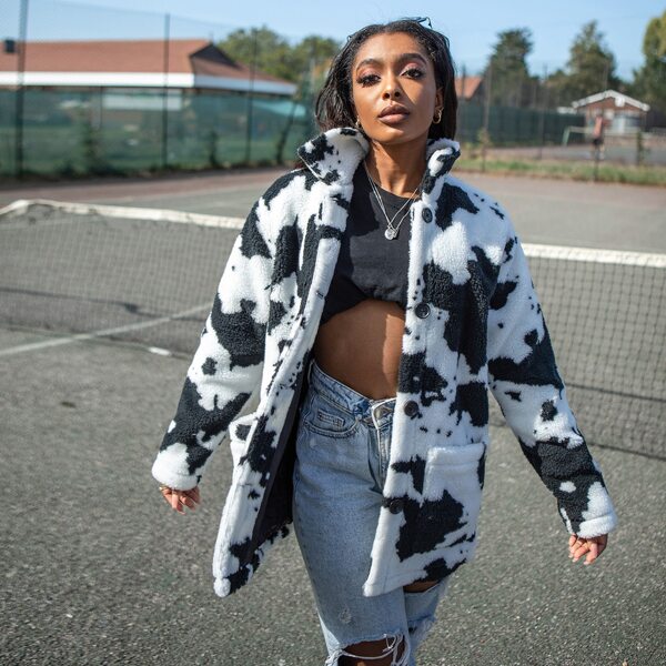 

Cow Pattern Patch Pocket Teddy Coat, Black and white