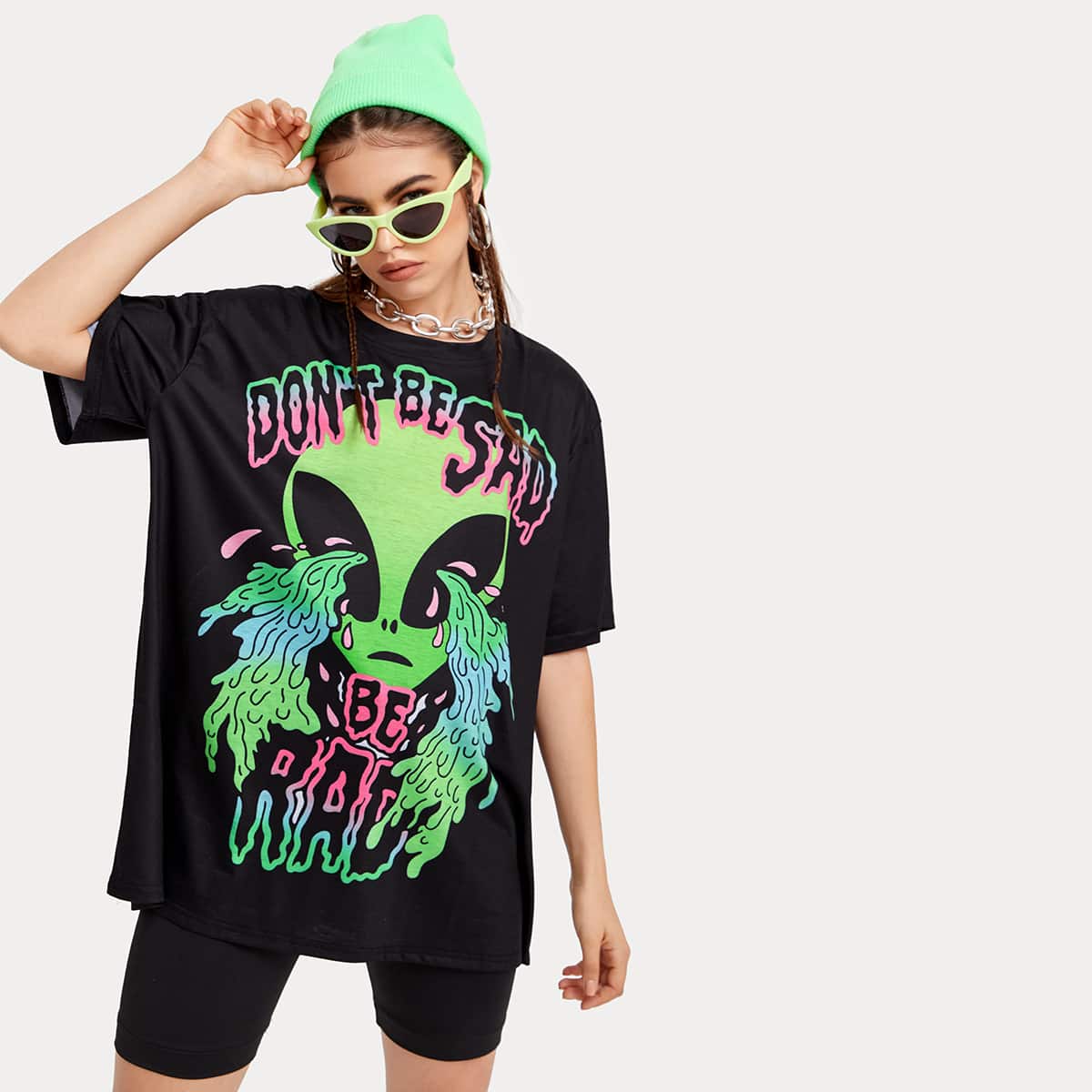 

Alien & Letter Graphic Oversized Tee, Black