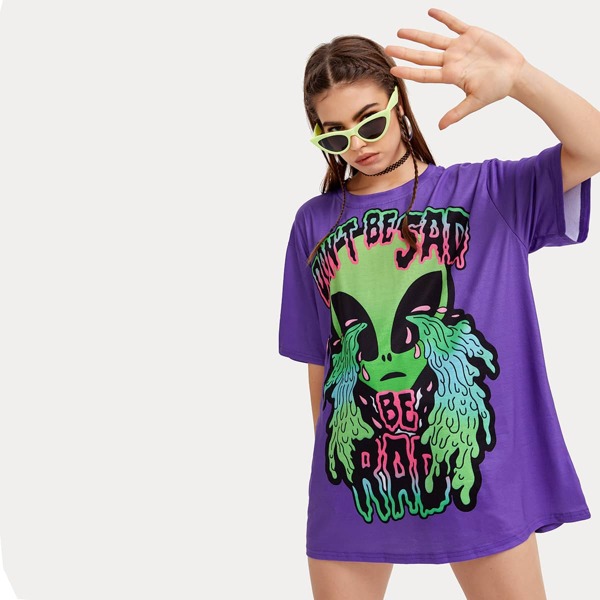 

Alien & Letter Graphic Oversized Tee, Violet purple