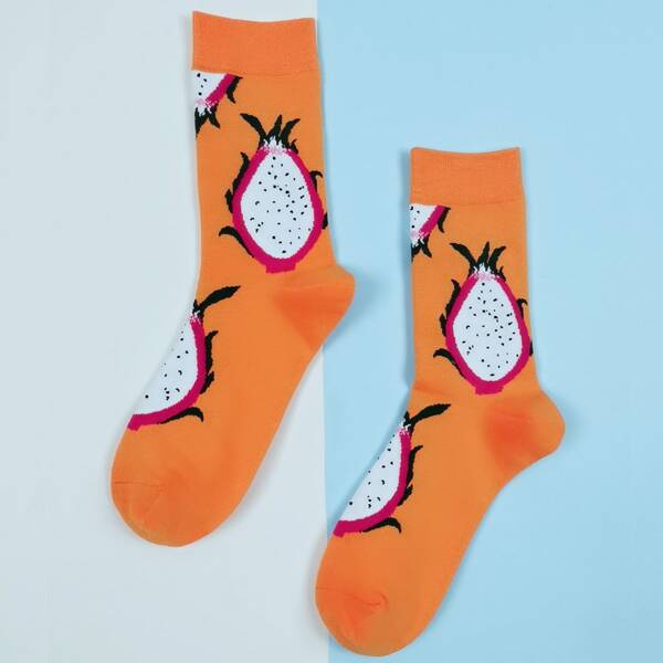 

Cartoon Fruit Print Crew Socks, Orange