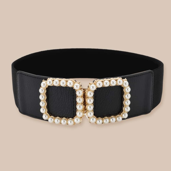 

Faux Pearl Decor Wide Belt, Black