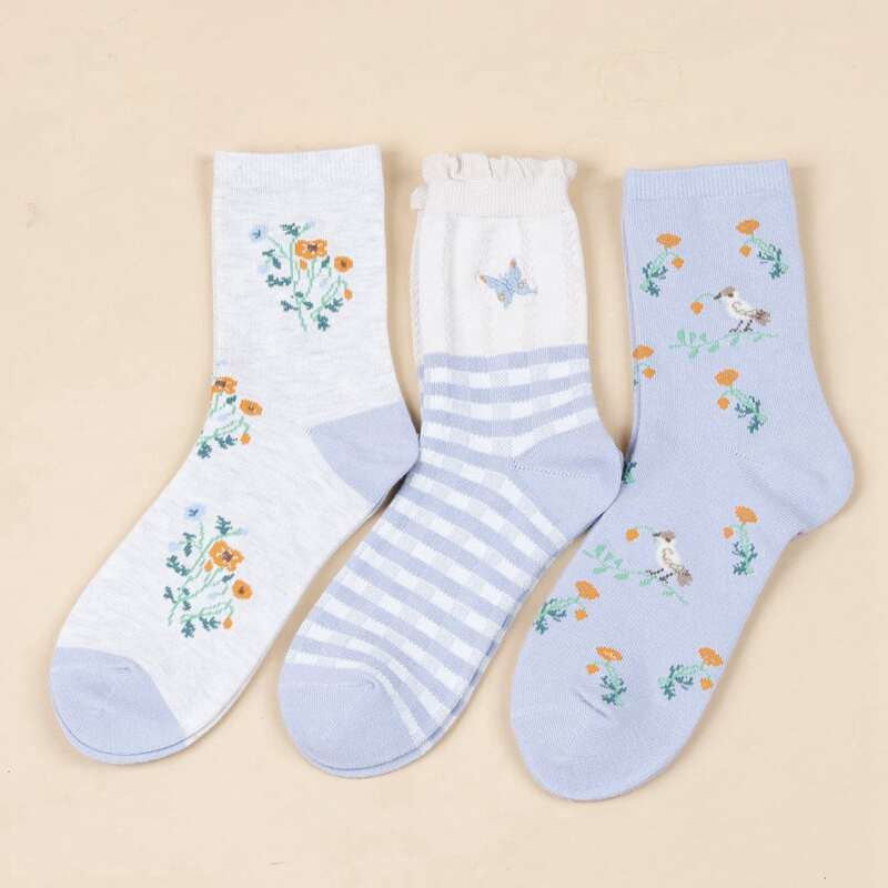 

3pairs Floral Print Crew Socks, Multicolor