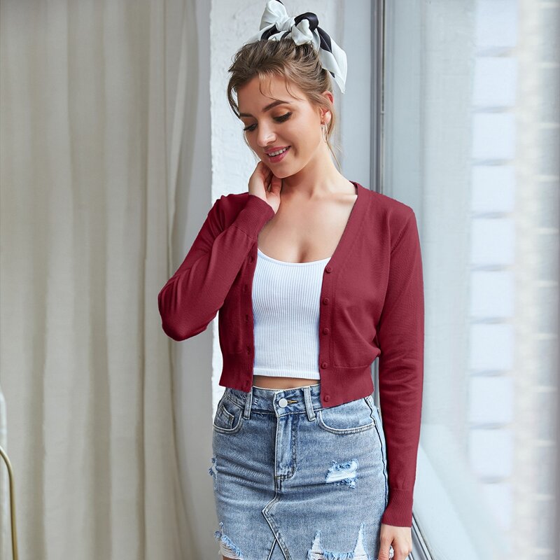 

Button Front Crop Cardigan, Burgundy
