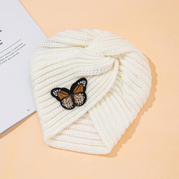 

Butterfly Patch Decor Turban Hat, White