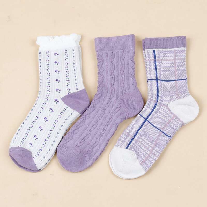 

3pairs Floral Print Crew Socks, Multicolor