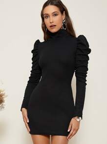 SHEIN High Neck Gigot Sleeve Bodycon Dress - Black - View 1