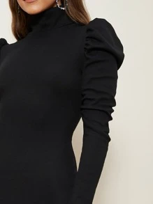 SHEIN High Neck Gigot Sleeve Bodycon Dress - Black - View 3