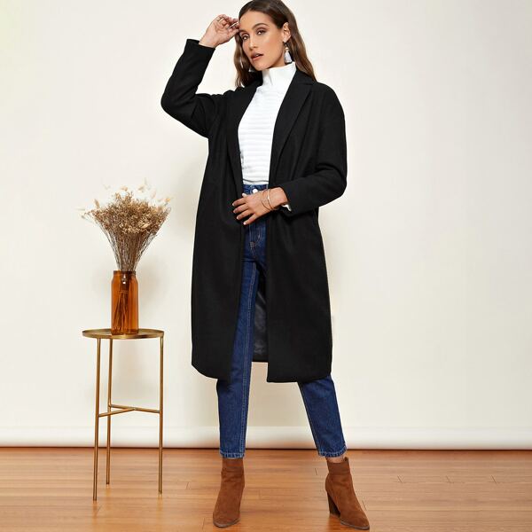 

Notched Collar Single Button Overcoat, Black