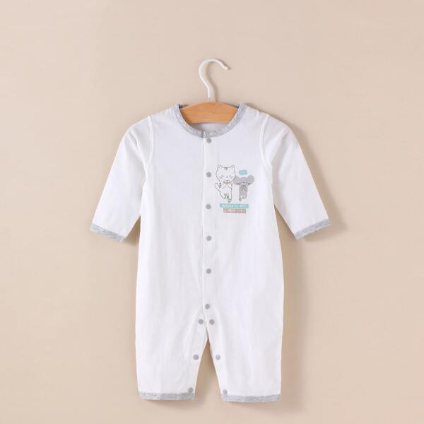 

Baby Unisex Cartoon Animal And Slogan Graphic Button Front Jumpsuit, White