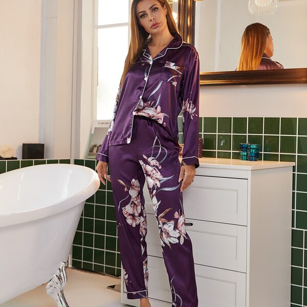 

Floral Print Satin PJ Set, Purple