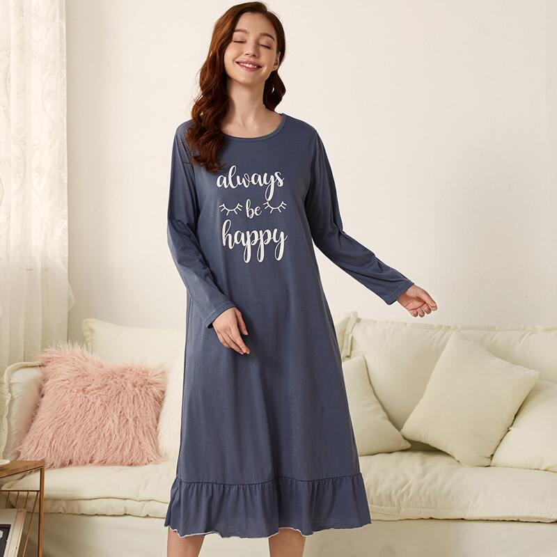 

Eyelash And Slogan Graphic Nightdress, Dusty blue