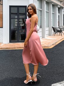 Split Thigh Button Detail Cami Satin Dress - Coral Pink - View 2