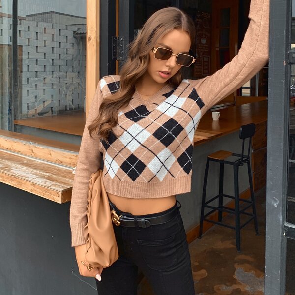 

Argyle Pattern V Neck Crop Sweater, Multicolor