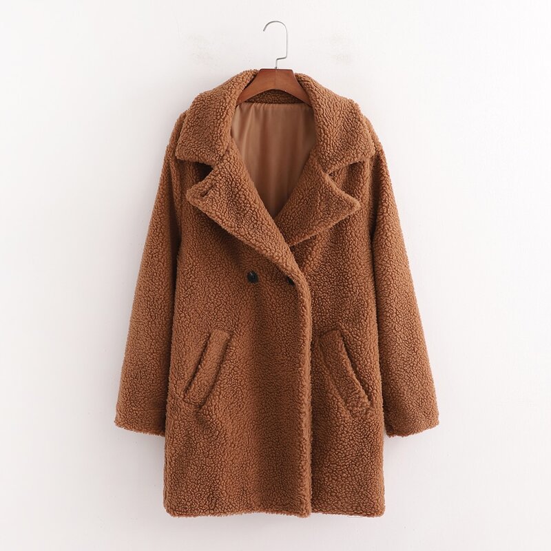 

Lapel Neck Double Button Teddy Coat, Brown