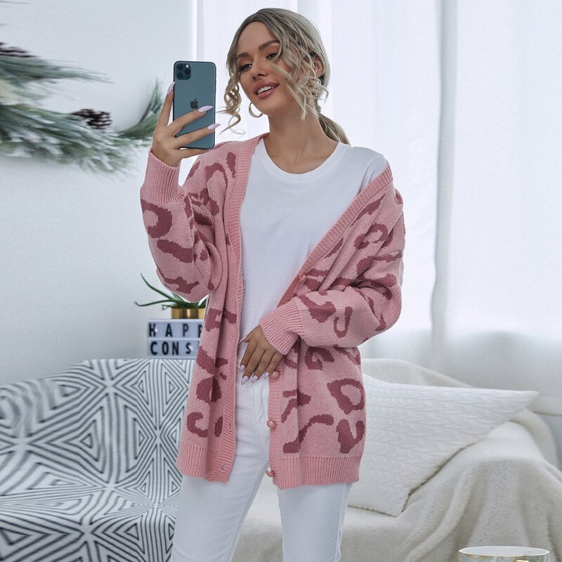 

Drop Shoulder Graphic Print Cardigan, Baby pink