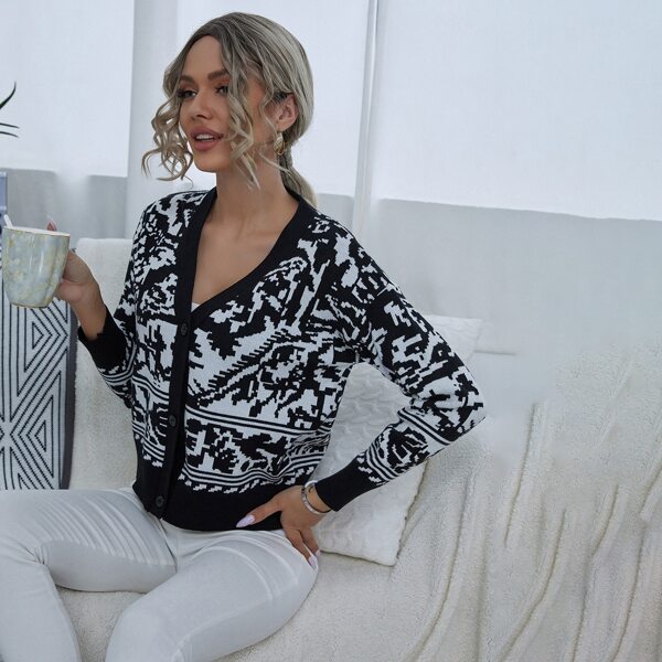 

Allover Pattern Button Up Cardigan, Black and white