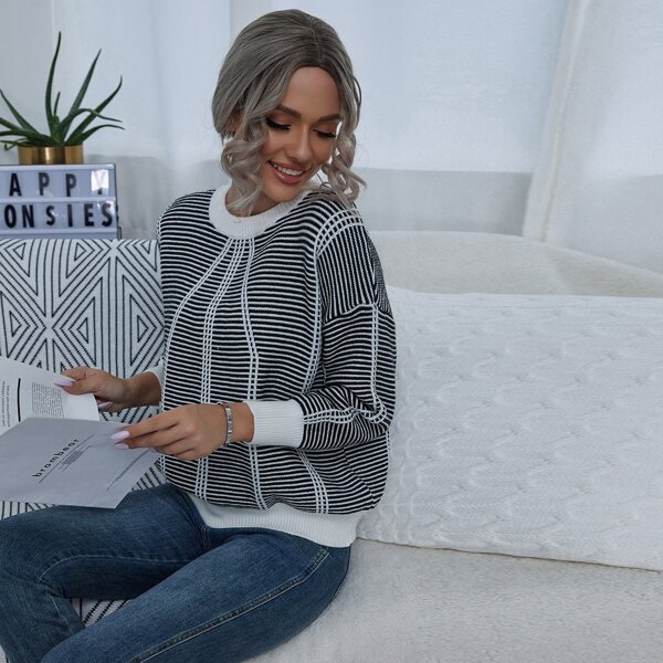 

Striped Drop Shoulder Sweater, Black and white