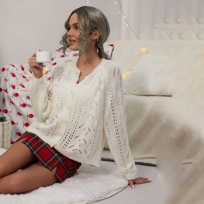 

Pointelle Knit Single Breasted Cardigan, Beige