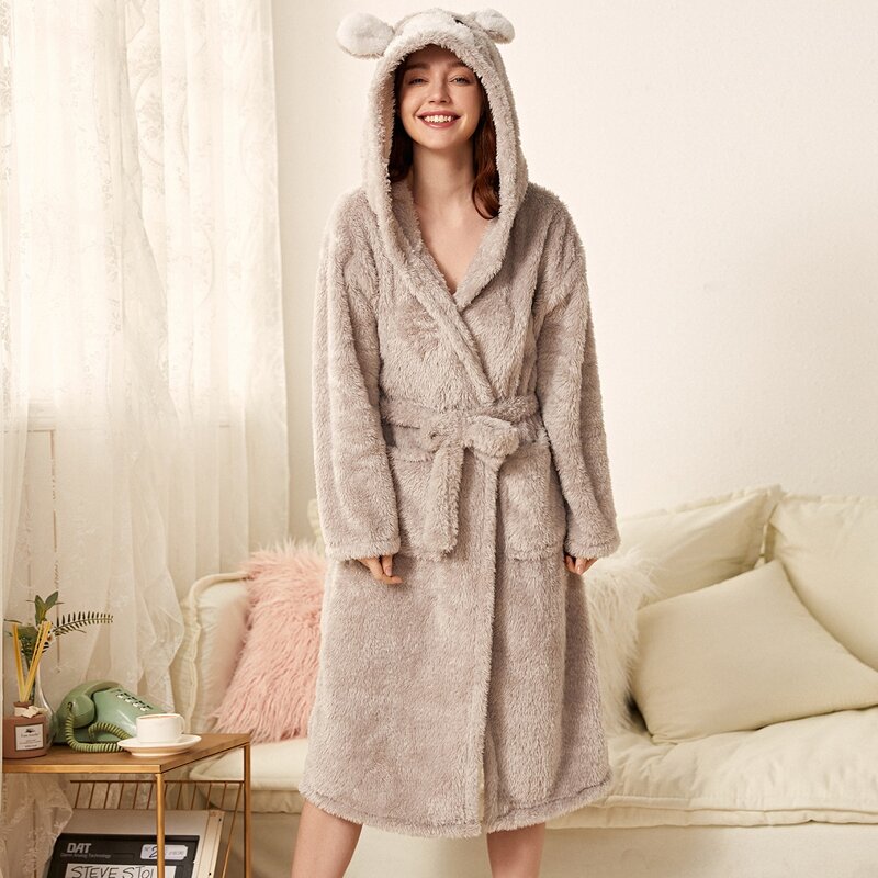 

Cartoon Embroidery 3D Ear Design Belted Hooded Teddy Robe, Grey