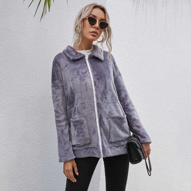 

Zip Up Patch Pocket Flannel Jacket, Dark grey